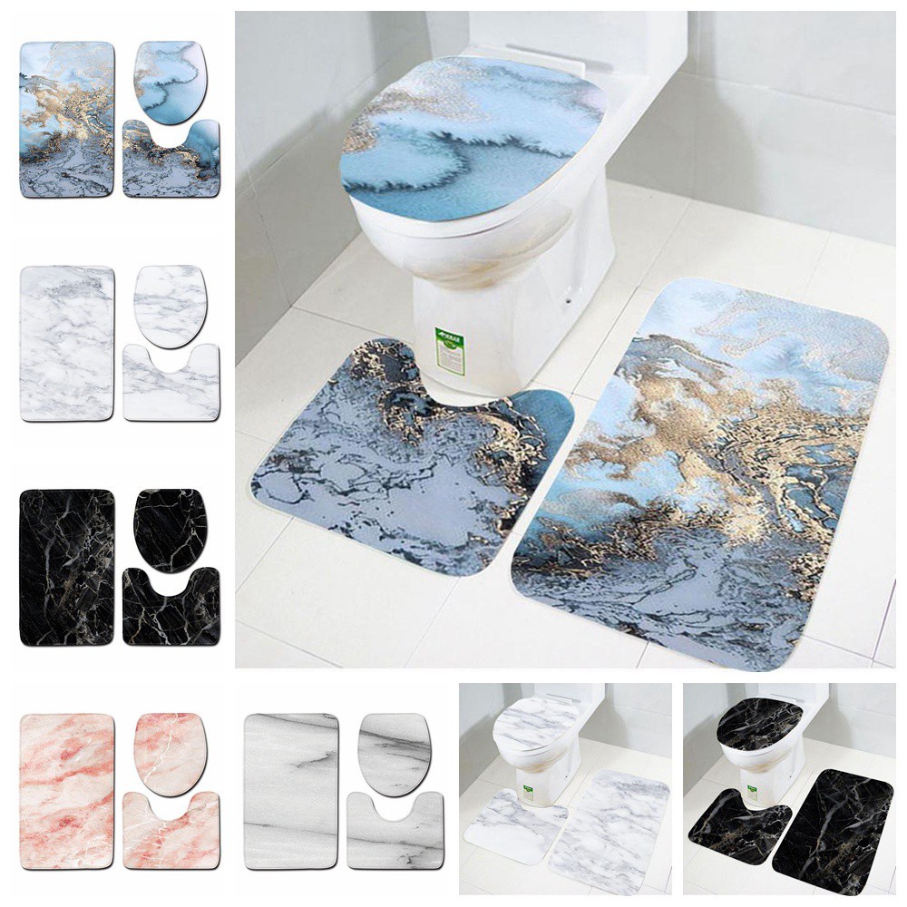 BEAUTY 3pcs New Bathroom Mat Set Home Decor Pedestal Rug Bath Mats Anti Slip Marble Pattern High Quality Washable Toilet Seat Lid Cover