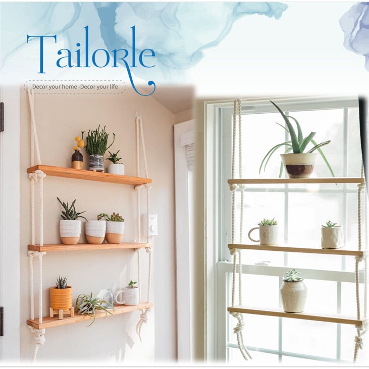 Kệ gỗ treo tường, kệ dây thừng trang trí mặt gỗ AA chất lượng cao | BigBuy360 - bigbuy360.vn