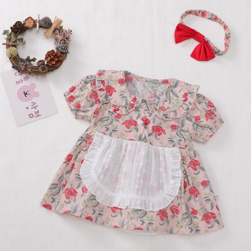 Set Jumpsuit Tay Ngắn Hoạ Tiết Hoa + Băng Đô Cài Tóc Cho Bé