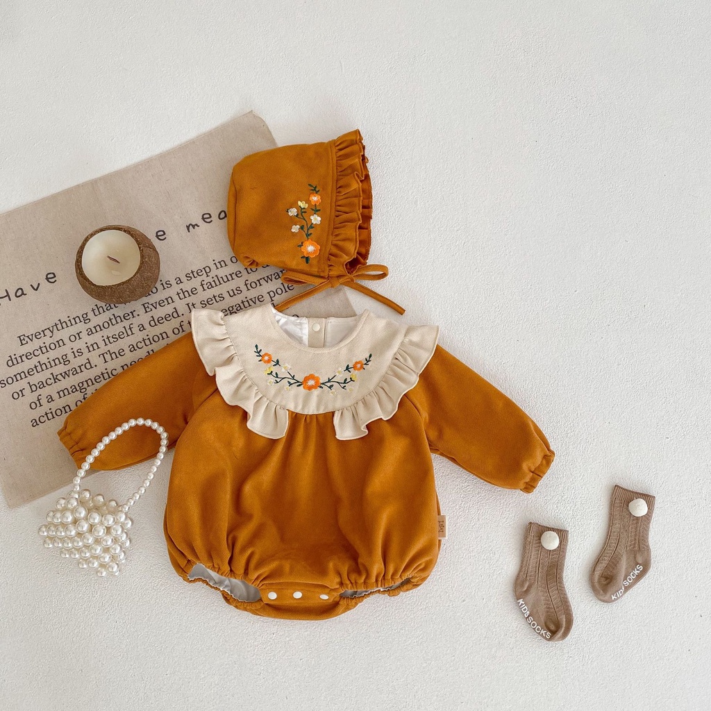 Bộ Áo Liền Quần Tam Giác Tay Dài Bằng Cotton Thêu Hoa Phong Cách Phương Tây Dành Cho Bé Gái