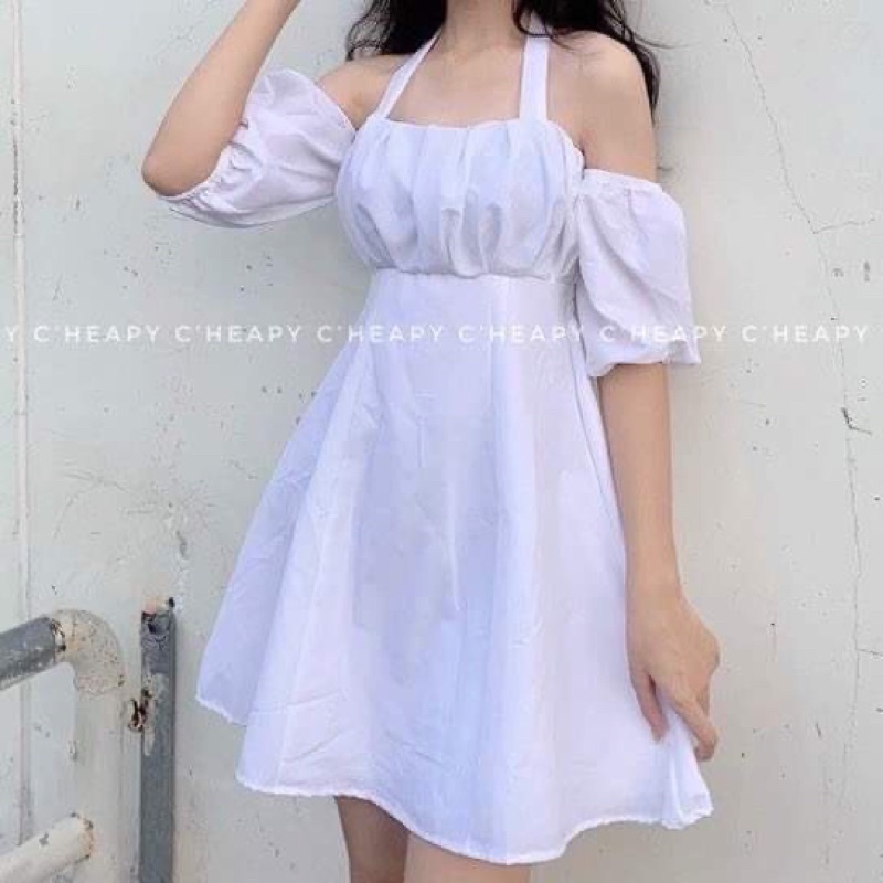 Váy đầm nữ cổ yếm buộc dây trễ hở vai nhún ngực màu đen, trắng dáng chữ A, xòe ngắn mini freesize sexy hàn quốc