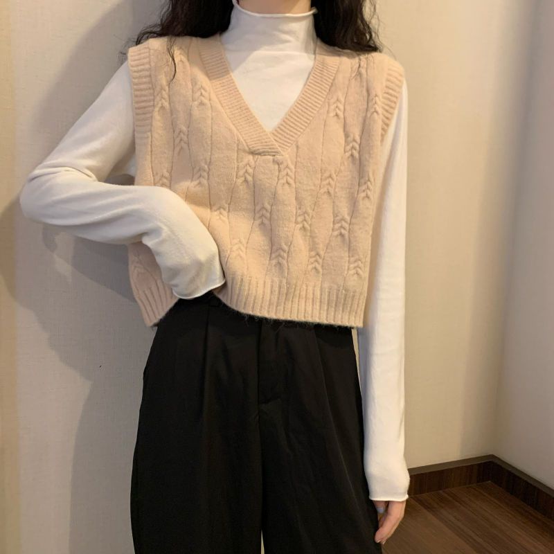 Áo Dệt Kim Sát Nách Cổ Chữ V Màu Sắc Trơn Phong Cách Hàn Quốc Cho Nữ