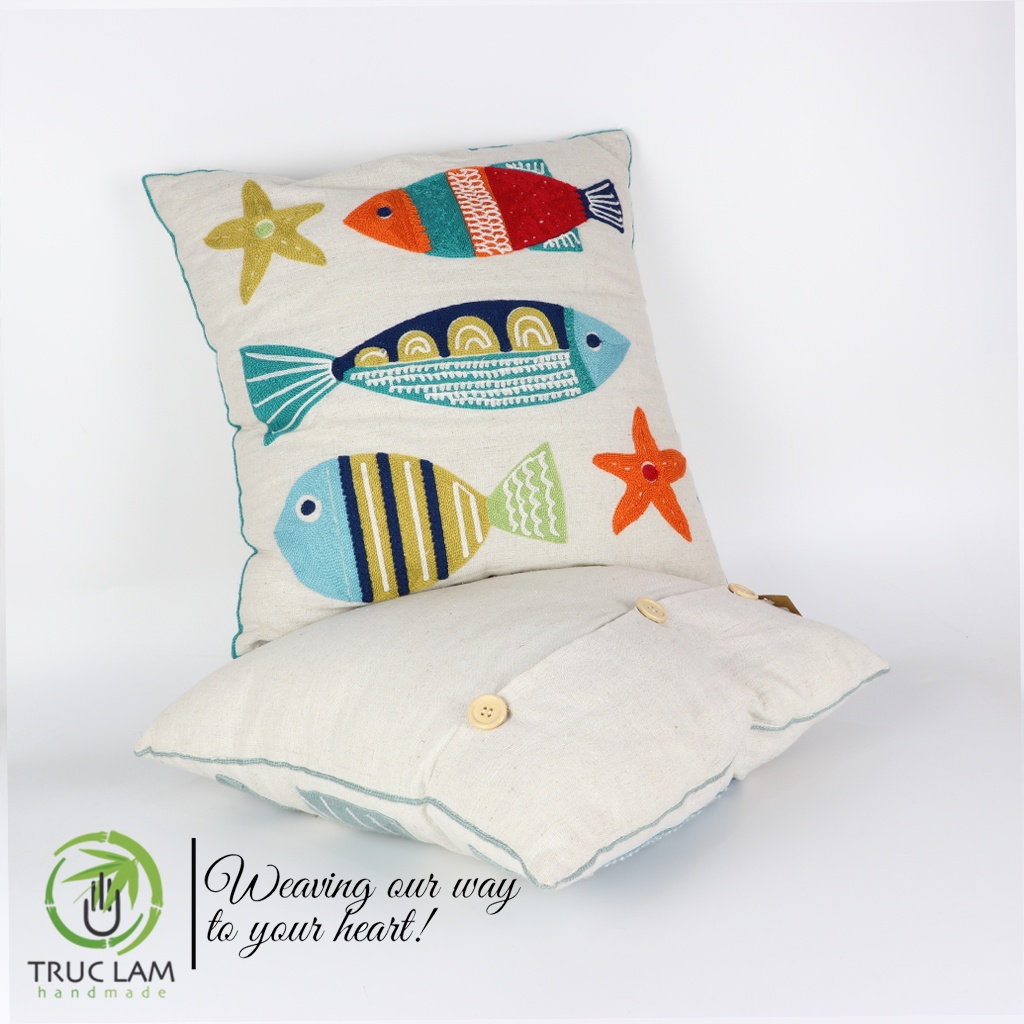 Gối/Vỏ Gối Vuông Tựa Lưng Sofa(45x45) Trang Trí Phòng Vải Linen Thêu Thủ Công Hình Con Cá Và Sao Biển- Trúc Lâm Handmade