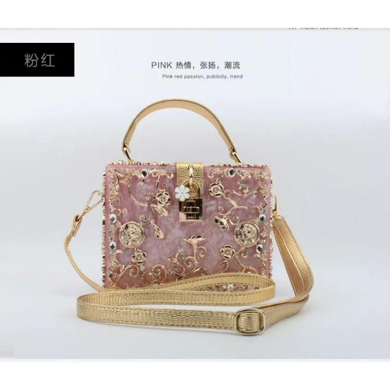 Túi xách chạm khắc kim cương acrylic kiểu túi khóa hộp