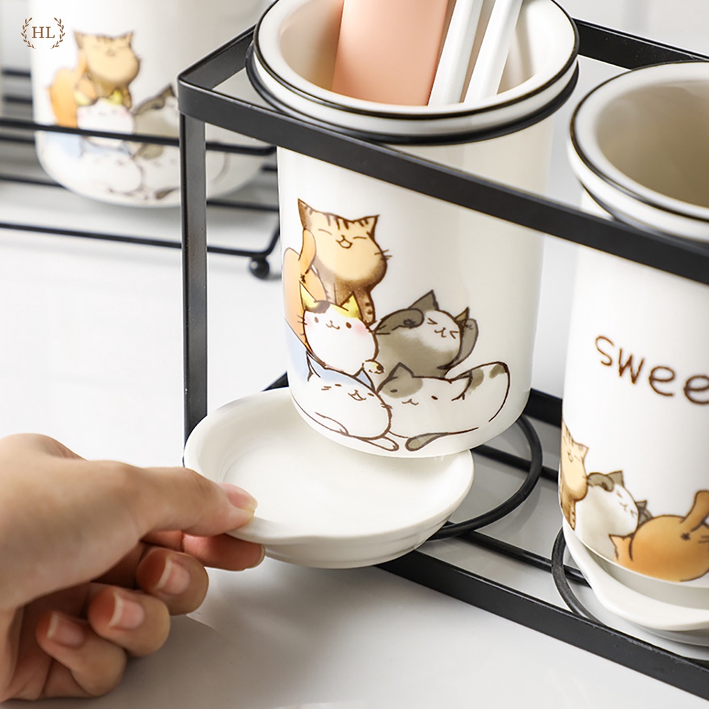 Ống cắm đũa sứ 2 cao cấp Home Cat Sweet |  ỐNG ĐỰNG ĐŨA CHẤT LIỆU SỨ KHUNG KIM LOẠI HOẠT TIẾT CHÚ MÈO 2022