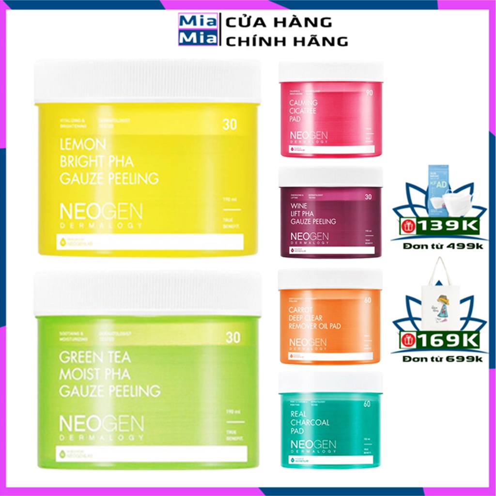 Miếng Tẩy Da Chết Neogen Tẩy Trang Neogen Gauze Peeling Chanh, Trà Xanh, Than Tre, Rau Má Cica, Carrot, Vang Đỏ