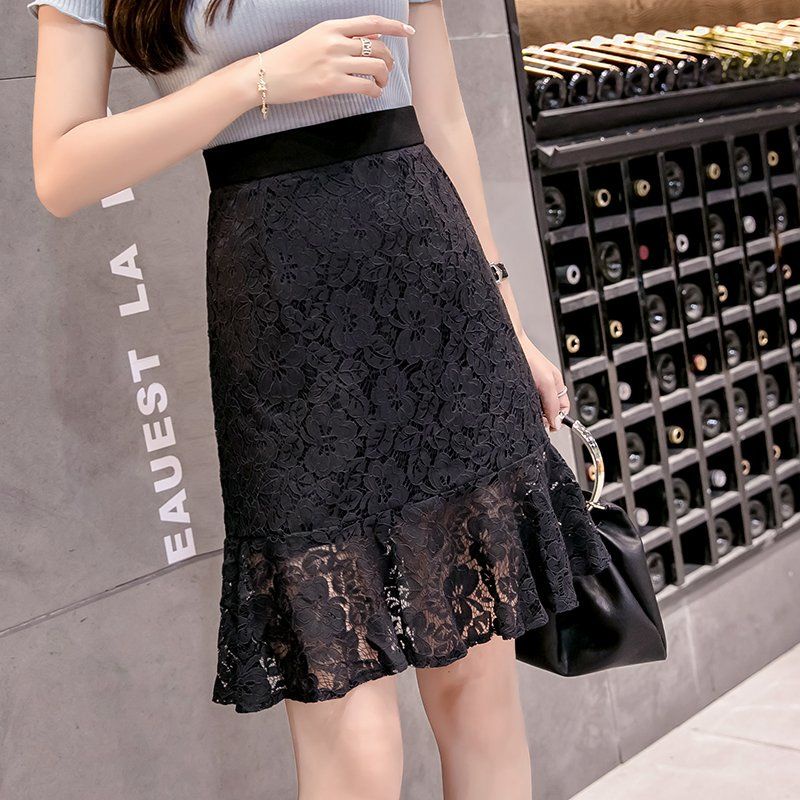 Chân Váy Ren Lưng Cao Dáng Chữ A Màu Đen Phong Cách Công Sở Cho Nữ