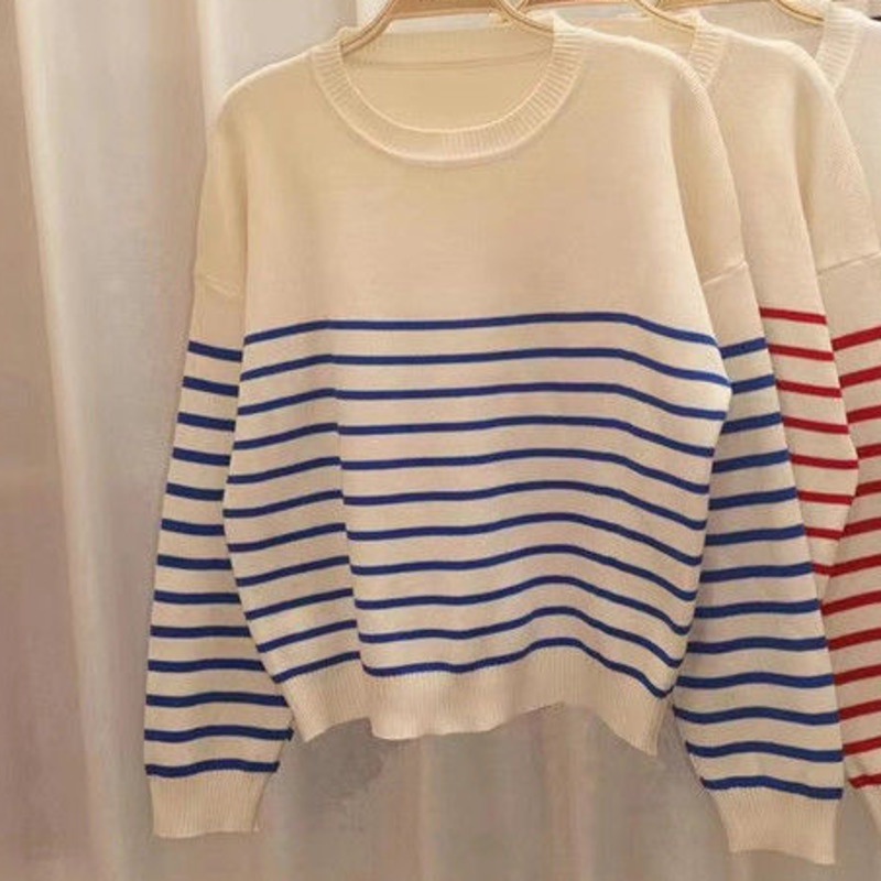 Áo sweater cổ tròn mặc tròng kẻ sọc kiểu Hàn Quốc giản dị cho nữ