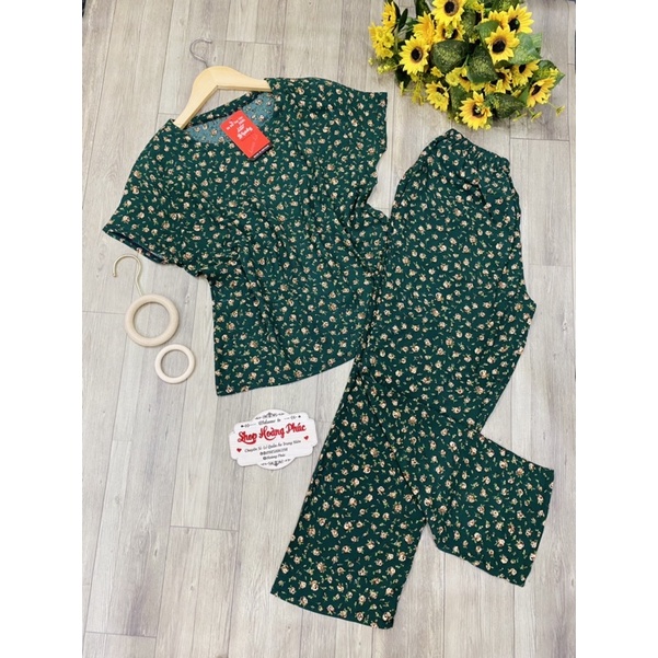 Bộ quần áo trung niên chất lụa Hàn quần ống suông rộng quần dài tay cộc mặc ở nhà cho Bà và Mẹ mùa hè mát