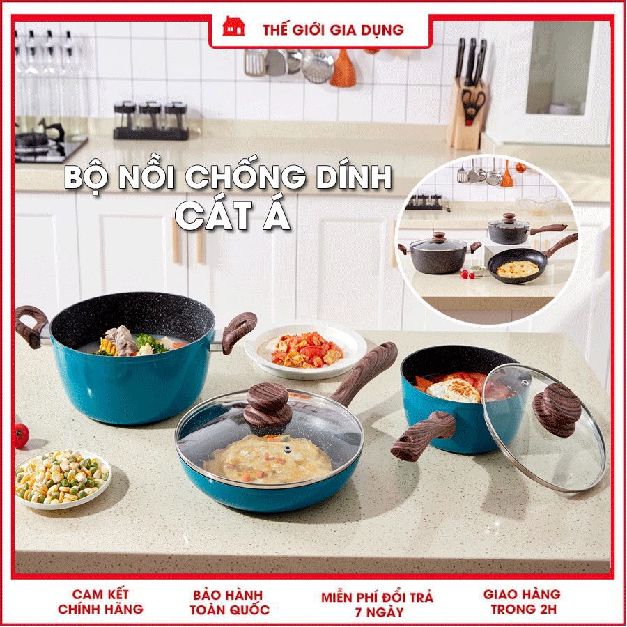 Bộ nồi chống dính 3 món, Nồi, chảo vân đá đáy từ, hợp kim nhôm 3 đáy size 18- 24cm cao cấp Cát Á
