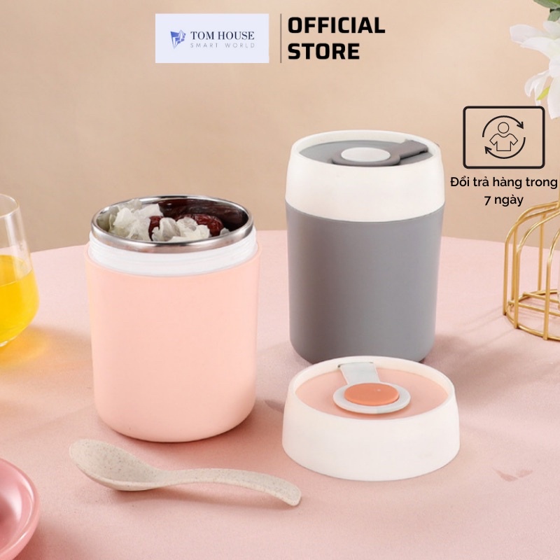Cốc Đựng Canh Inox 304 Kèm Muỗng Riêng, Hộp Đựng Cháo Canh Soup Bền Đẹp Có Tay Xách Nắp Đậy - TomHouseVN