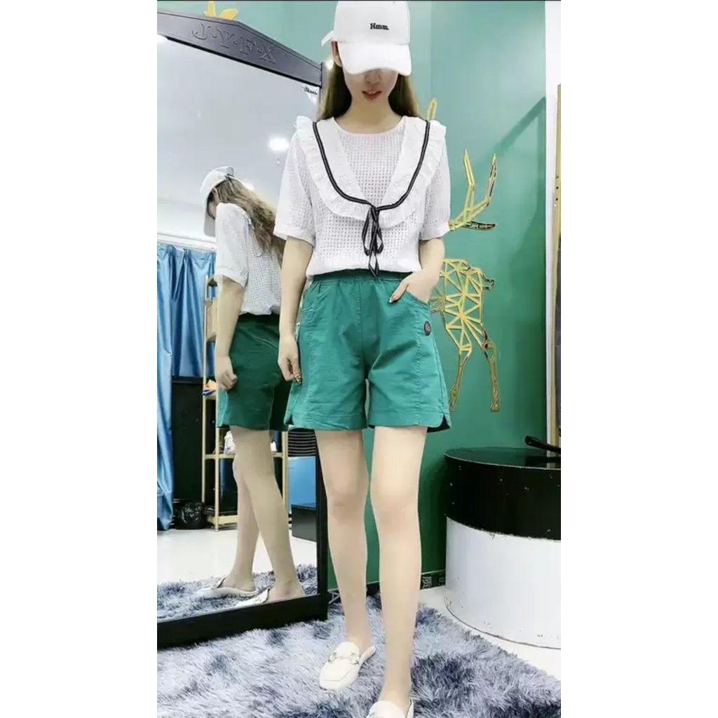 Quần đùi nữ túi ngang chất KAKI cạp chun phong cách hàn quốc  mác da loại 1