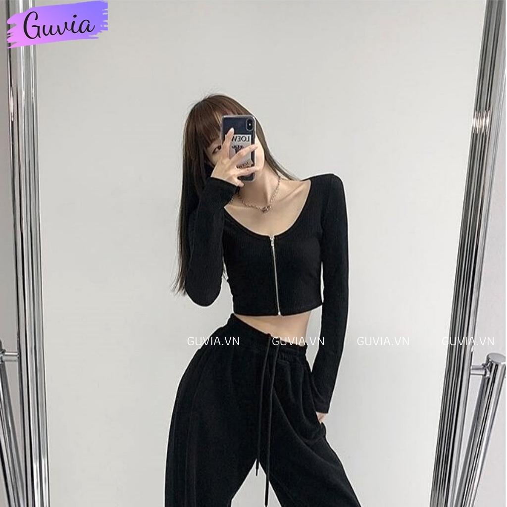 Áo Croptop Tay Dài Nữ DÂY KÉO NGỰC Thun Gân Tốt Ulzzang, Áo thun nữ dài tay chất vải tốt mặc đẹp GUVIA CR25