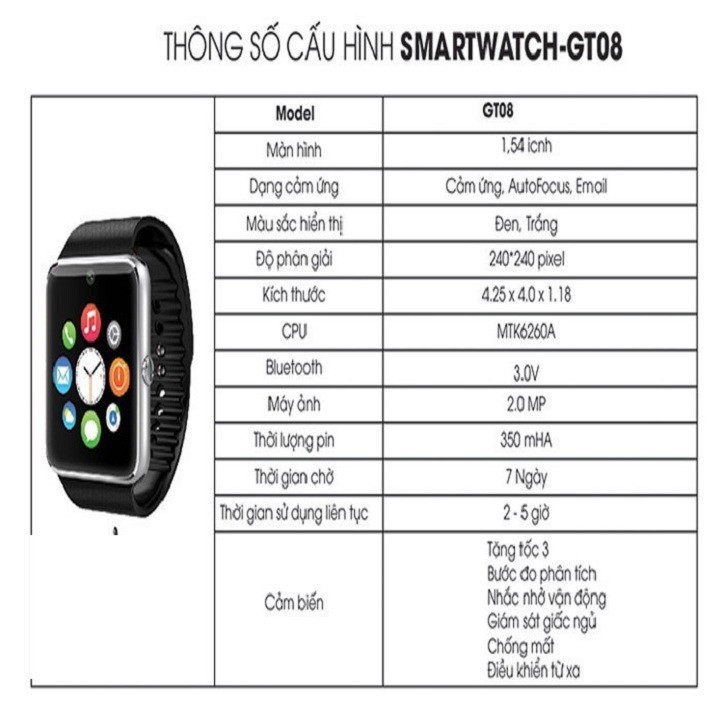 [FREESHP-150K] ĐỒNG HỒ SMARTWATCH GT08 XÀI SIM