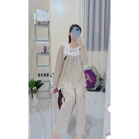 Bộ ngủ mặc nhà nữ cho bầu và sau sinh chất đũi hoạ tiết kẻ ô viền ren