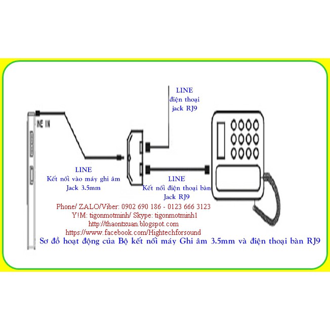 Bộ kết nối điện thoại bàn jack RJ9 và máy ghi âm jack 3.5mm