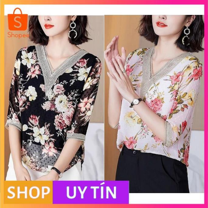 HÀNG NHẬP CAO CẤP -ÁO KIỂU VOAN HOA CỔ V PHỐI REN SIÊU XINH - [MẪU ĐẸP CHẤT LƯỢNG]