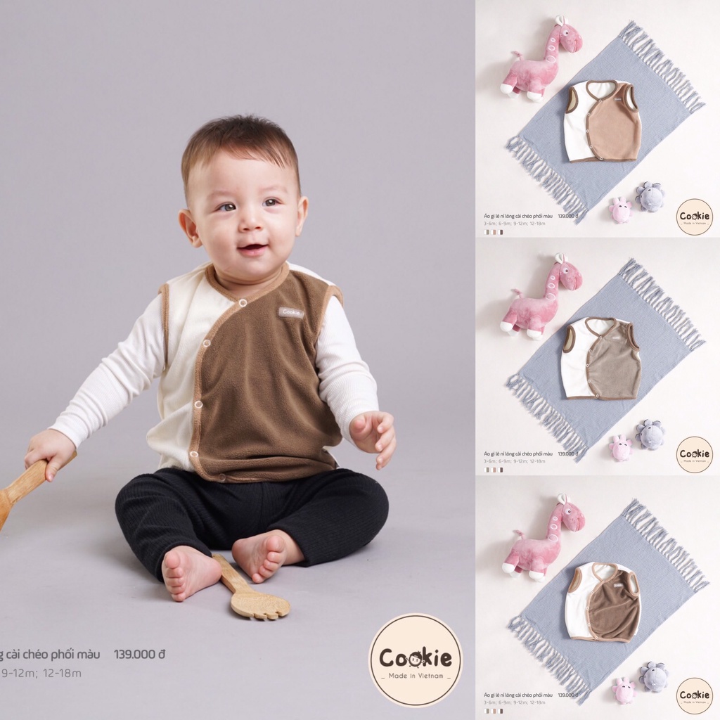 [CHÍNH HÃNG] Áo gile nỉ lông cài chéo phối màu họa tiết trẻ em thu đông Cookie