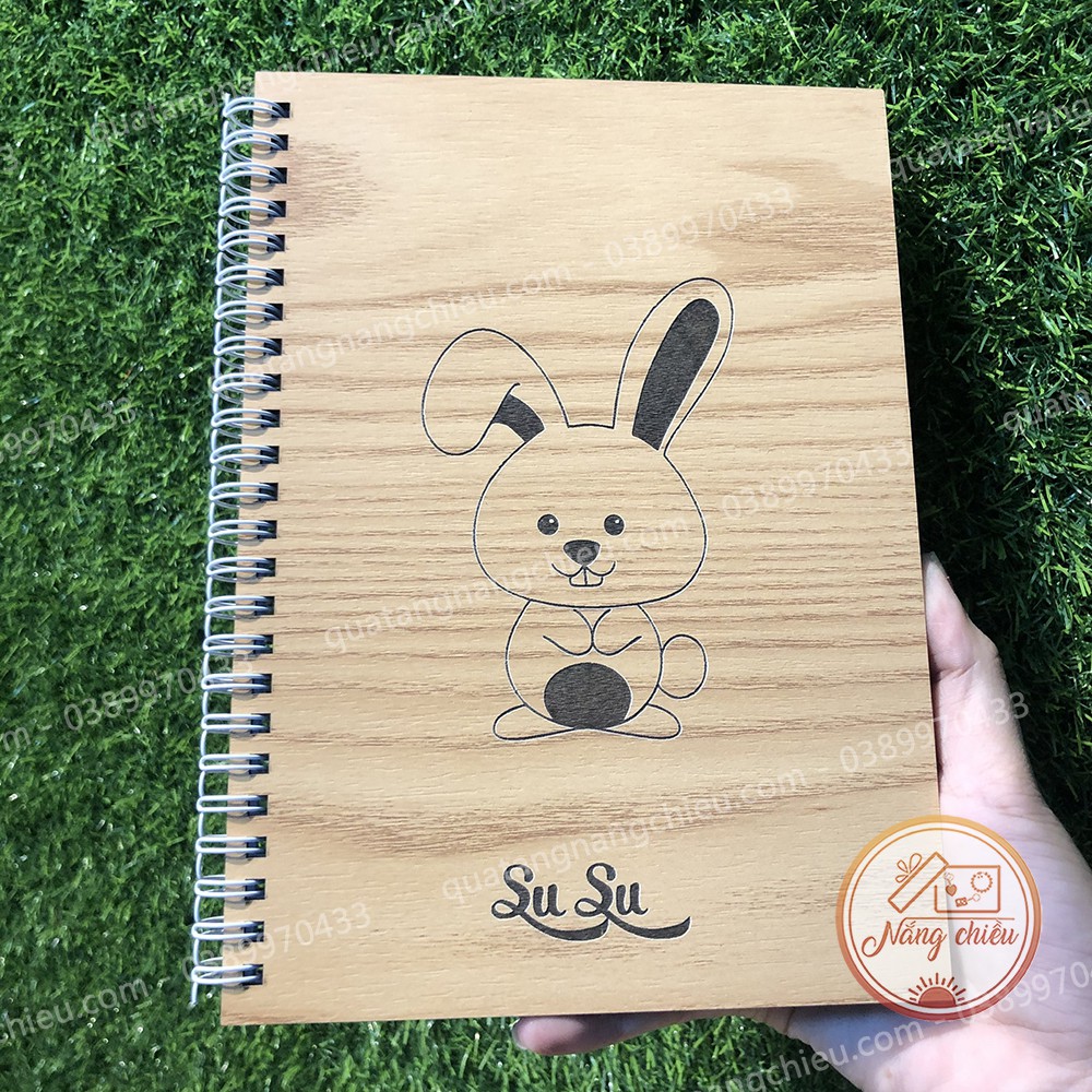 Sổ tay Notebook bìa gỗ cứng khắc tên theo yêu cầu - Khắc hình con thỏ xinh xắn - Free thiết kế
