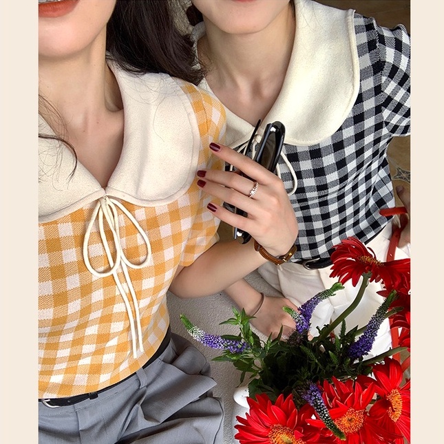 Áo kiểu ZHELIHANGFEI dệt kim cổ polo thắt nơ dáng ngắn họa tiết kẻ sọc ca rô thời trang