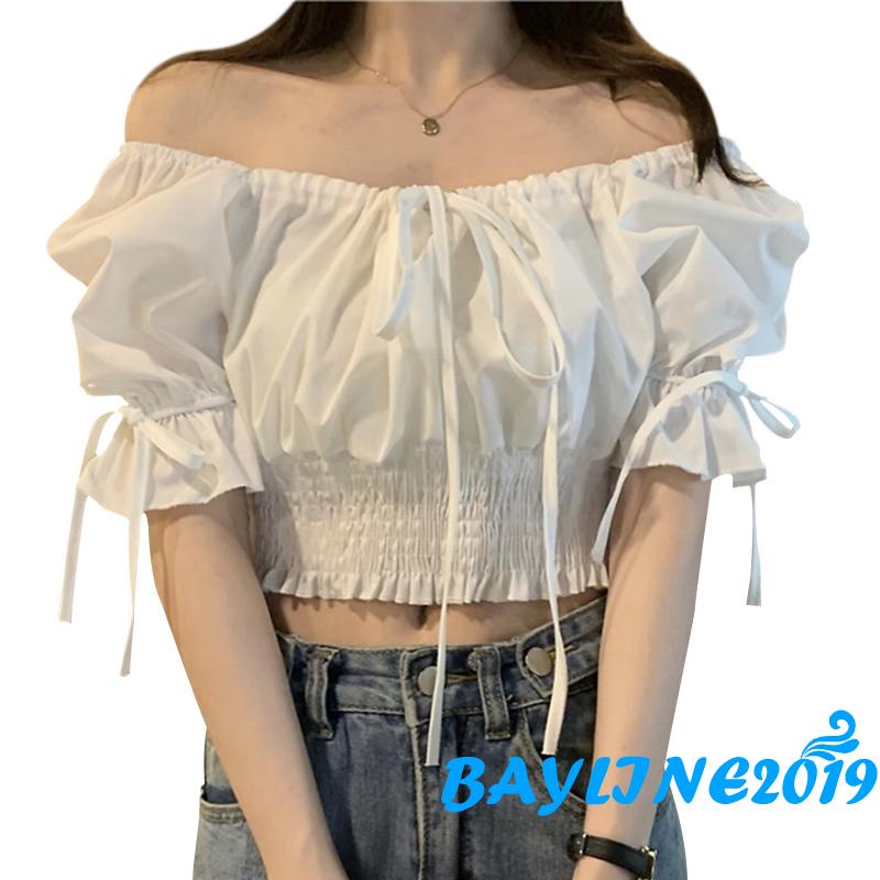Áo Croptop Tay Phồng Ngắn Màu Trơn Có Dây Rút Thời Trang Cho Nữ