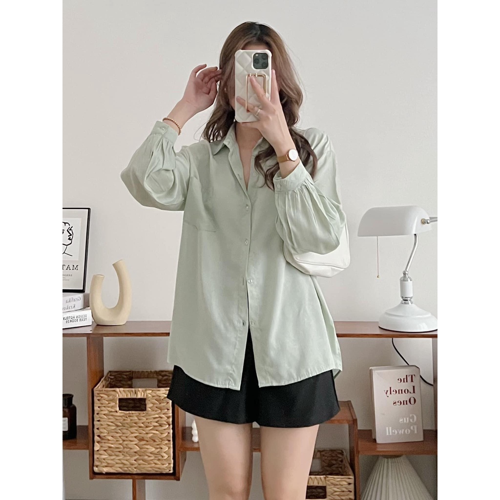 [Ảnh thật/Sẵn] Áo sơ mi trơn form rộng túi ngực tay bồng basic ulzzang