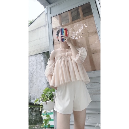 SET ÁO VOAN LƯỚI NUDE TAY PHỒNG SHORT