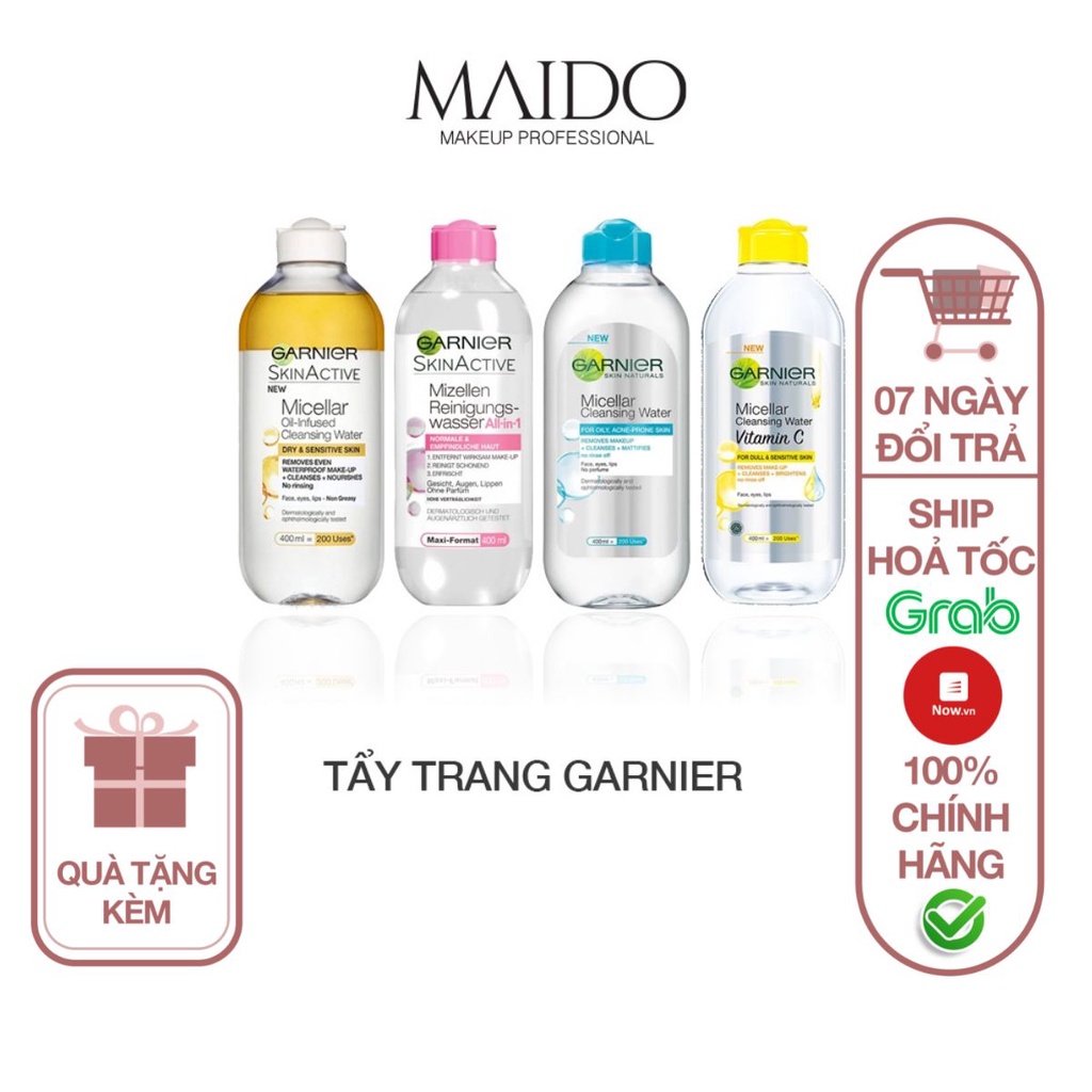 Nước tẩy trang Garnier Micellar Hồng/ Vàng/ Xanh/Trắng Skinactive Cleansing Water MAIDO COSMETICS