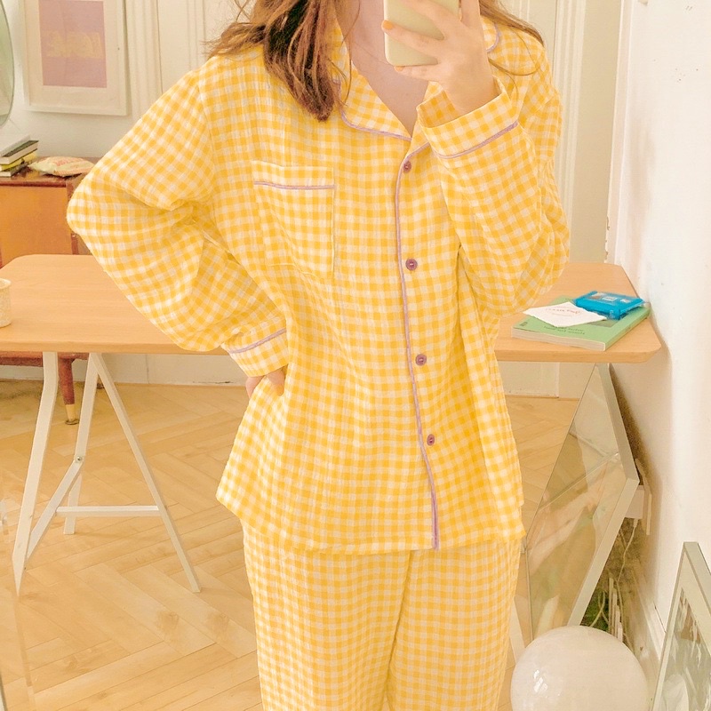 Bộ pijama chất đũi xốp kẻ ô tay dài quần dài siêu hot thu đông năm 2022