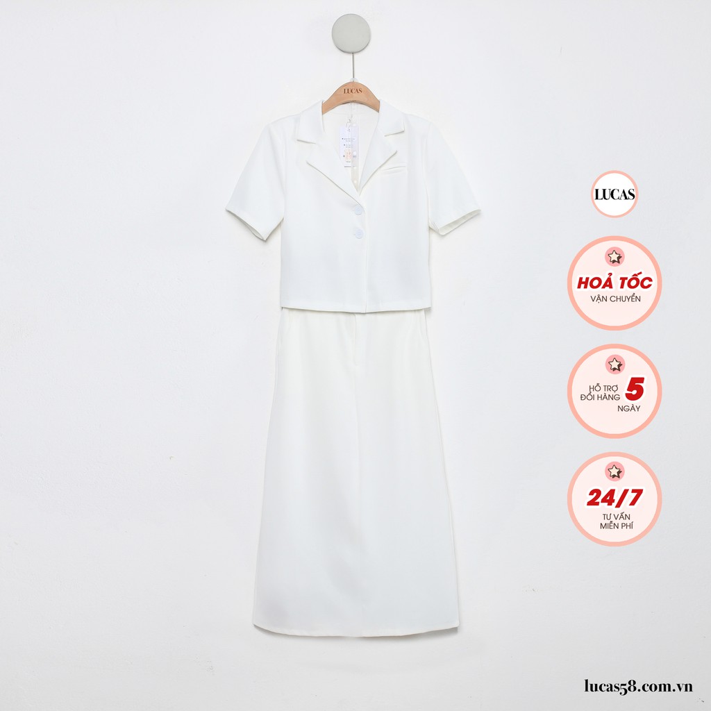 Váy set trắng: áo cổ vest tay cộc 1 túi rạch, chân váy dáng a dài basic cùng màu