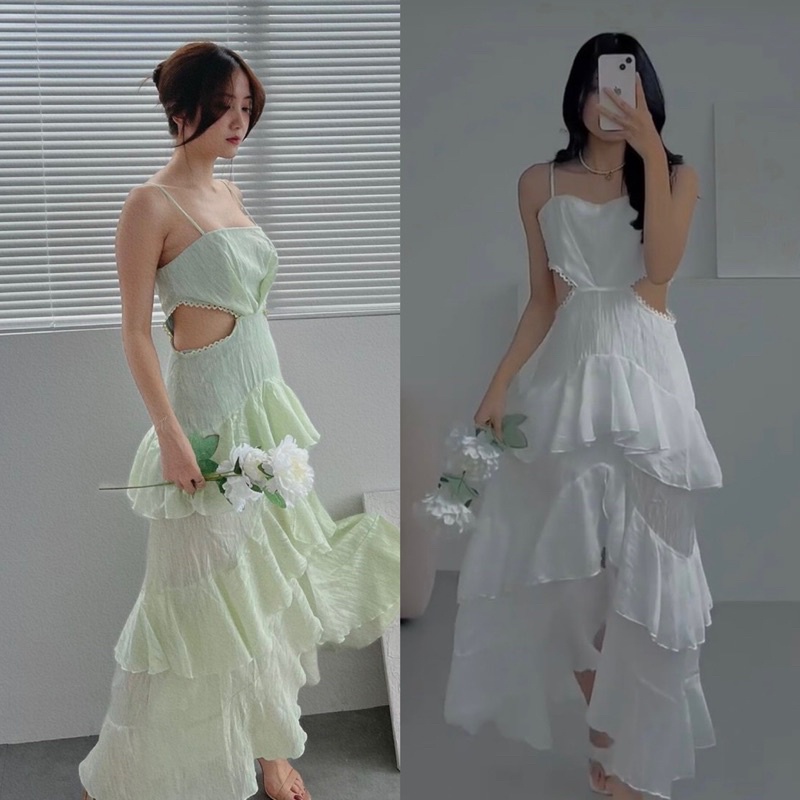 Đầm maxi 2 dây bèo tầng khoét eo