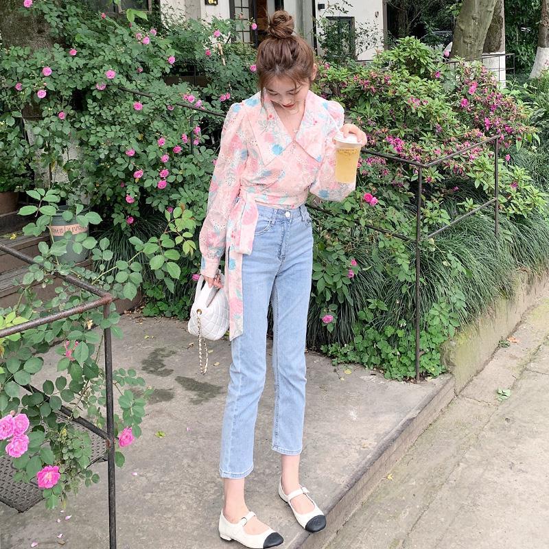 Áo sơ mi voan mỏng dáng ngắn họa tiết hoa thời trang mùa hè mới 2021 cho nữ