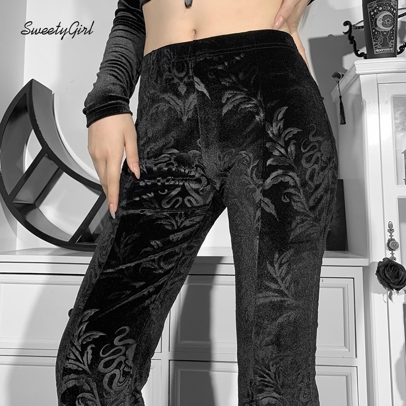 Quần dài ống loe lưng cao in nổi họa tiết hoa thời trang cho nữ