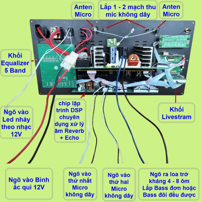 Mạch loa kéo 3 loa công suất thực 500W DSP Reverb Echo Livestream có chống hú - Equalizer 5 Band kèm 2 tay micro