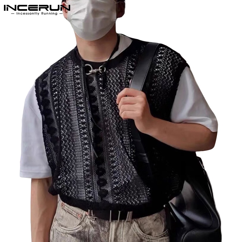 Áo không tay INCERUN phối ren lưới xuyên thấu thời trang mùa hè cho nam