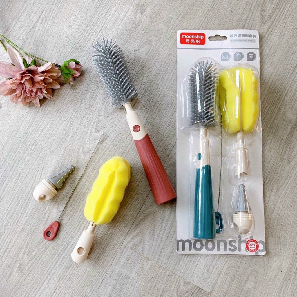 Bộ cọ rửa bình sữa núm ty Moonship 4 chi tiết cao cấp kết hợp đầu cọ silicon và mút xốp