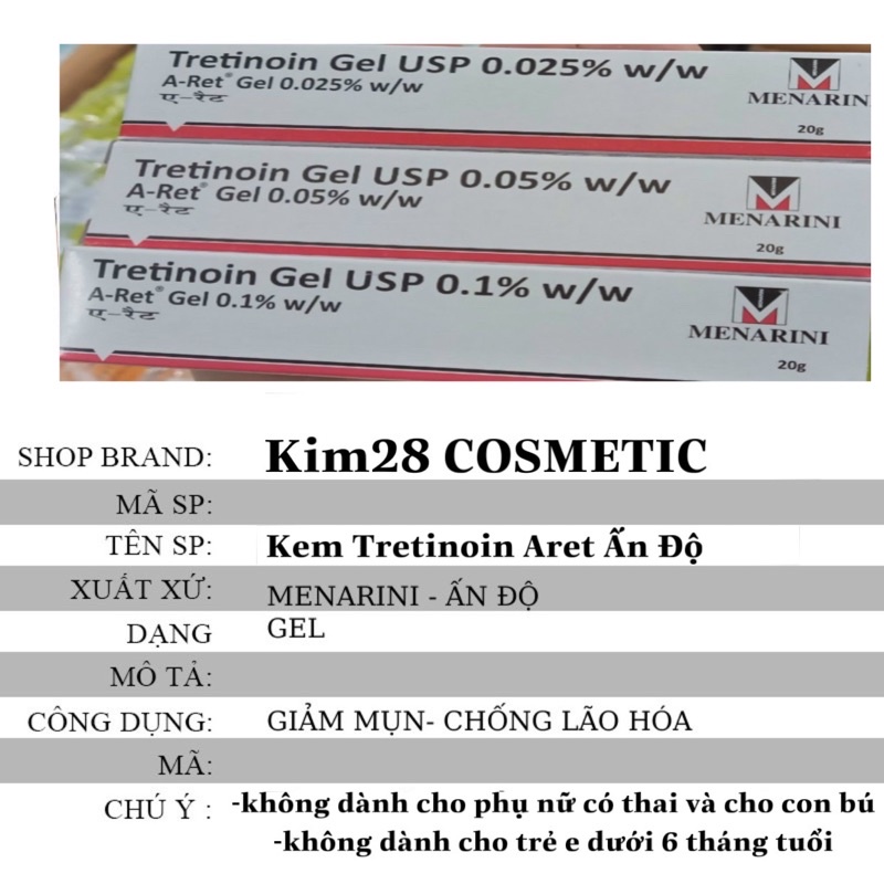 Kem Tretinoin Aret Ấn độ ,gel hỗ trợ giảm mụn