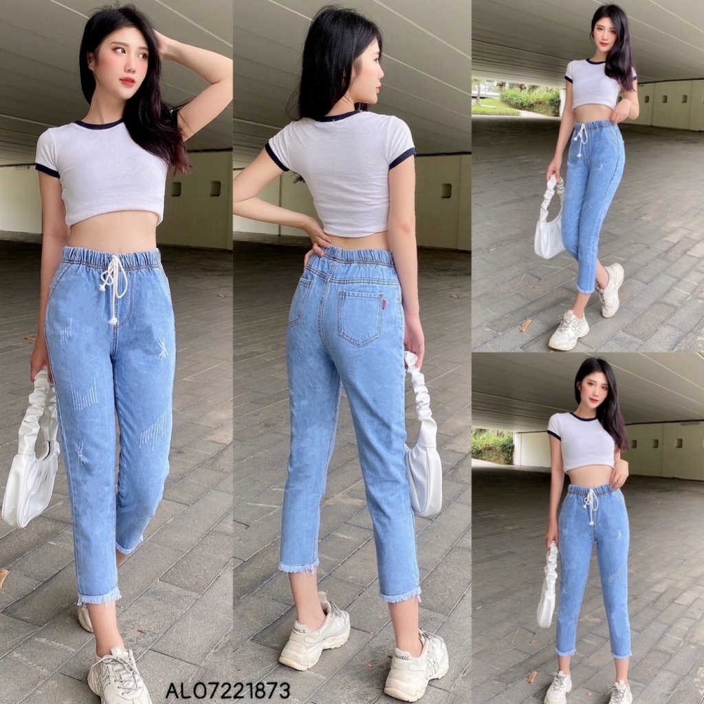 Quần jean baggy lưng thun gập lai cào xước