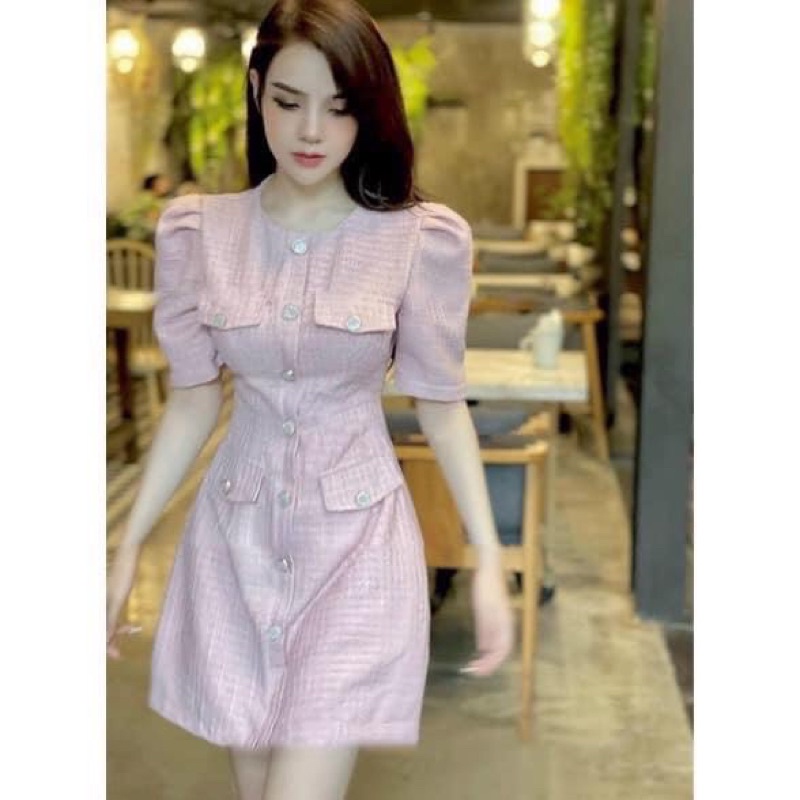 Váy Dạ Hồng Cộc Tay Bo Eo Dáng A