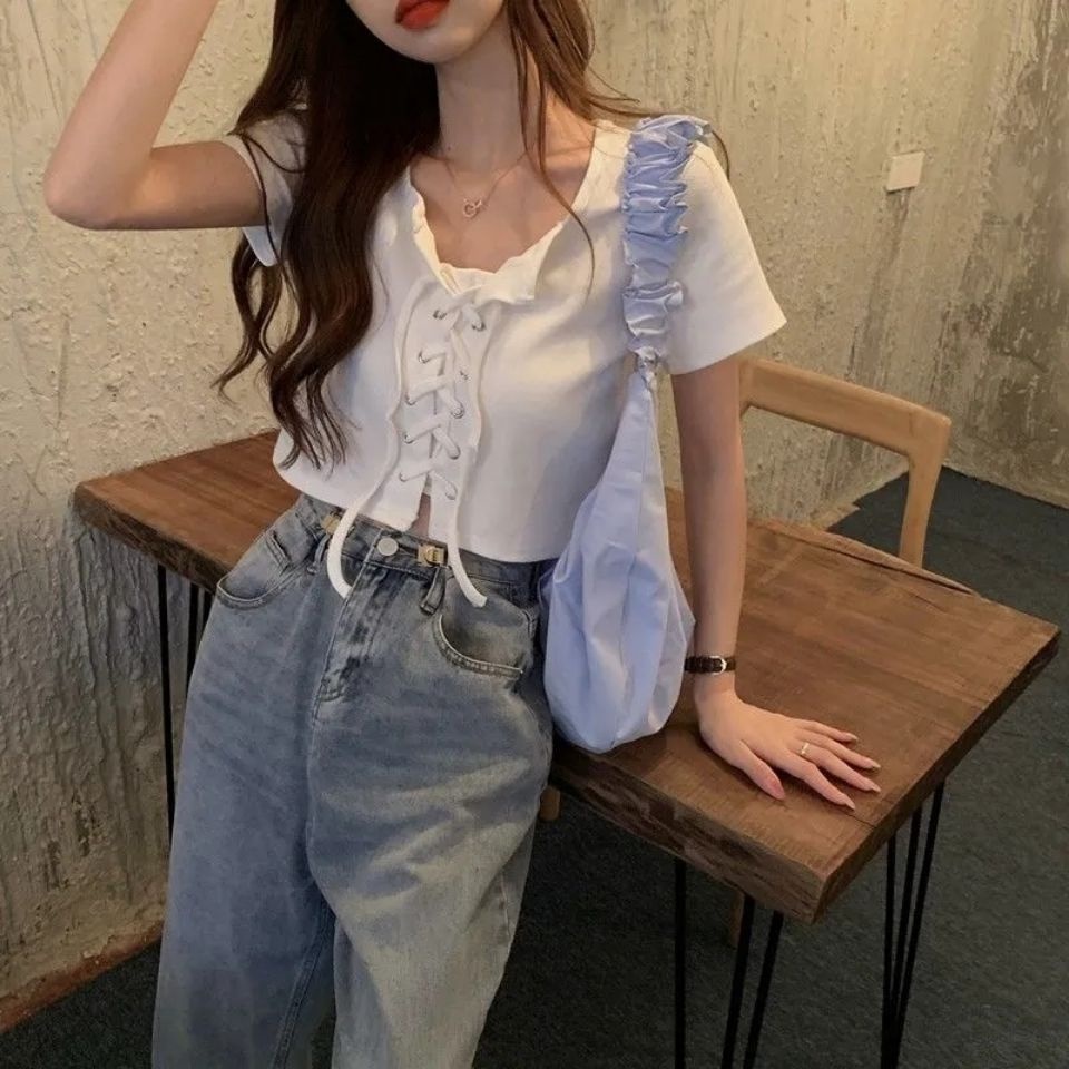QADCOL  Áo Croptop Tay Ngắn Cổ Vuông Kiểu Retro Hàn Quốc Thiết Kế Quyến Rũ Cho Nữ