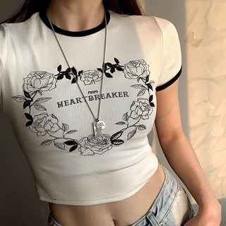 Áo thun croptop ngắn tay in họa tiết đơn giản kiểu Hàn Quốc