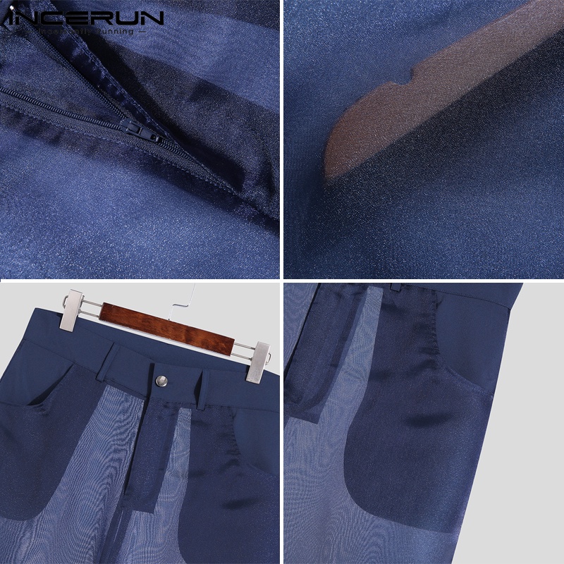 Quần lưới INCERUN xuyên thấu ống rộng thời trang gợi cảm cho nam