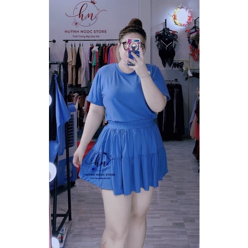 𝗕𝗜𝗚 𝗦𝗜𝗭𝗘 Set Áo Thun Chân Váy Xoè Trơn 𝟲𝟬-𝟵𝟱𝗸𝗴