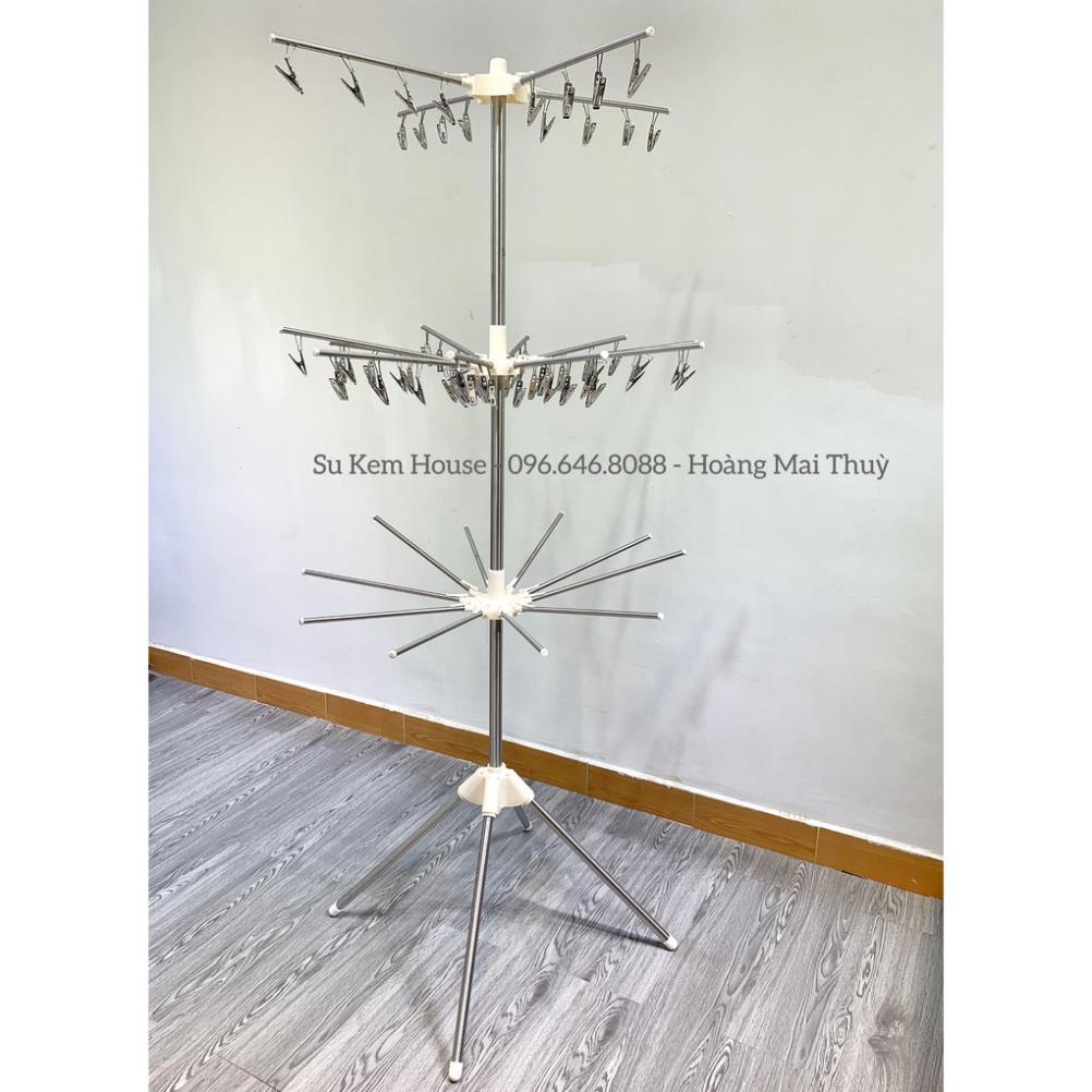 Cây phơi đồ thông minh - Giàn phơi inox Pier 3 tầng phơi quần áo có thể gấp Gọn (56 móc kẹp)