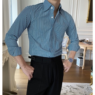 Áo Sơ Mi Nam Kẻ Sọc Tay Dài Màu Xanh Đậm Công Sở Trady Form Ôm Body Lịch Lãm - Trady Fashion