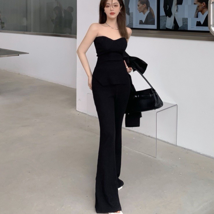 A16 Set Bộ Jumpsuit Cúp Ngực Dài Suông Kèm Áo Khoác Croptop Thời Trang | BigBuy360 - bigbuy360.vn