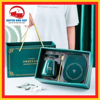 Cốc hâm nóng 💖freeship💖 bộ cốc kèm đế hâm nóng tặng thìa mạ vàng, dùng để hâm sữa, cà phê, hâm trà, tổ yến
