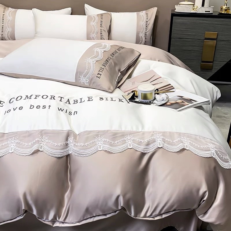 Bộ chăn ga gối phi lụa Celin viền ren cực xinh mềm mại , Bộ 4 món phi lụa chất liệu thoáng mát không nhăn cao cấp