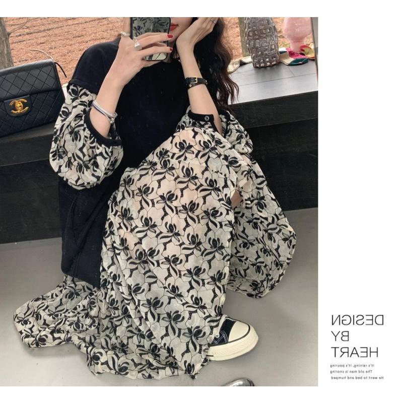 Đầm Thiết Kế Giả Hai Lớp Phối Ren Phong Cách Pháp Mới