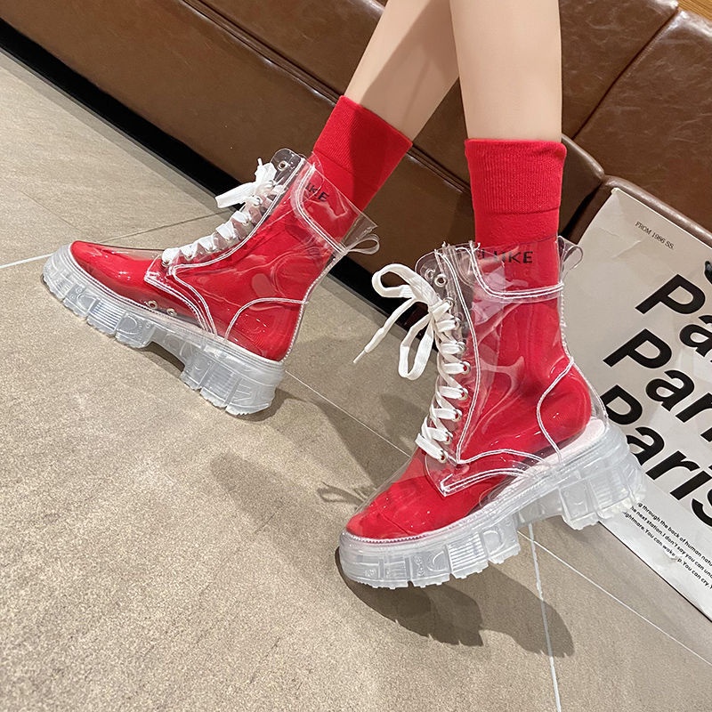 Martin trong suốt Boots Thu và Đông 2022 Mới Thu và Đông Wild Net Red đế dày chiên Boots ngắn đường phố